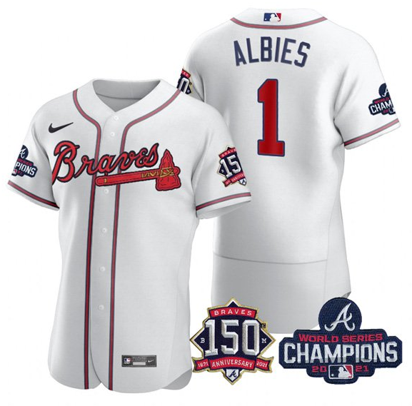 Men's Atlanta Braves #1 Ozzie Albies 2021 White World Series Champions With 150th Anniversary Flex Base Stitched Jersey Men's Atlanta Braves #1 Ozzie Albies 2021 White World Series Champions With 150th Anniversary Flex Base Stitched Jersey